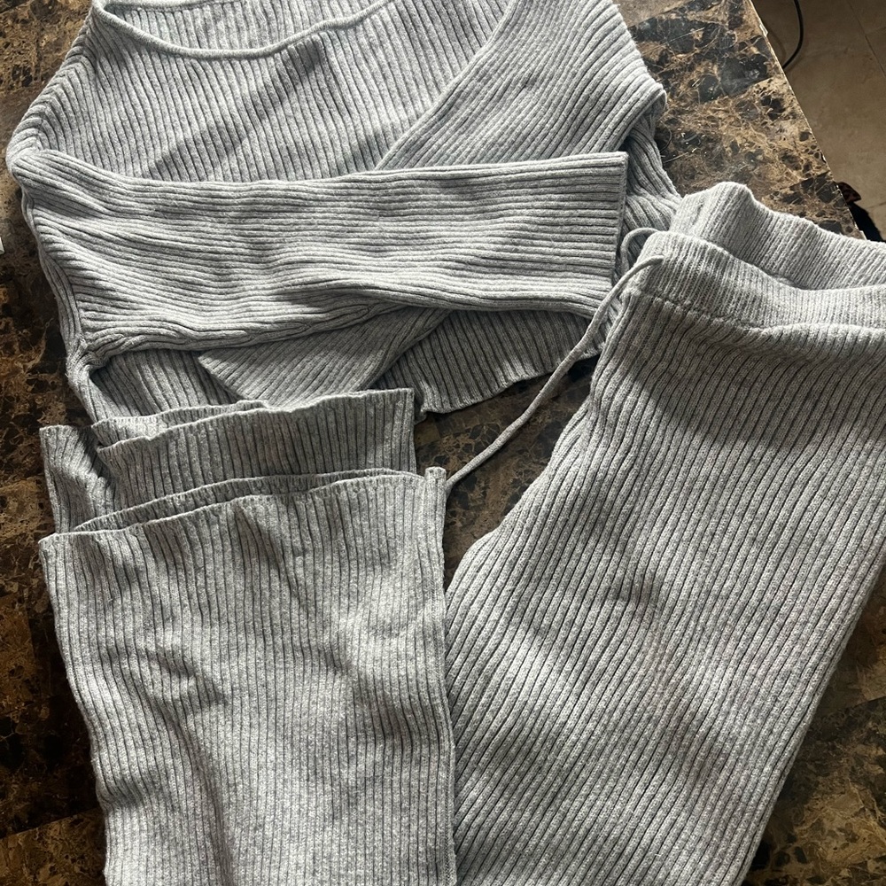 Pink Rose Light Gray Ribbed Wide Leg Pants & Top Set